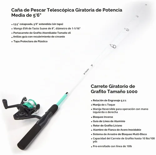 Vista 3 de Kit de pesca con caña, carrete predistribuido, aparejos, ganchos, estuche de transporte con cremallera
