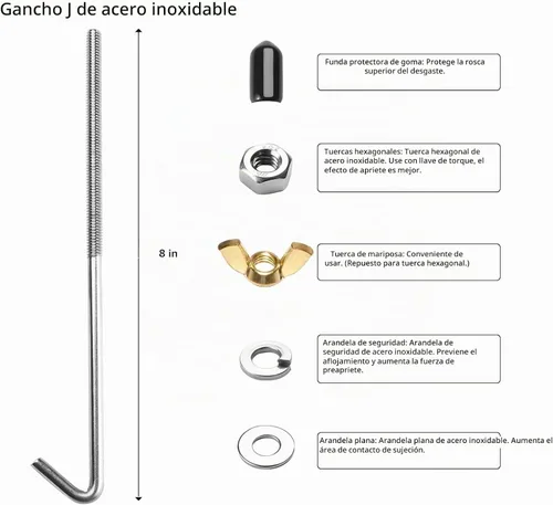 Vista 5 de Batería ajustable con kit de gancho en J de acero inoxidable 304 de 8 pulgadas Soporte universal con ancho ajustable de 5.35"-7.85", pernos