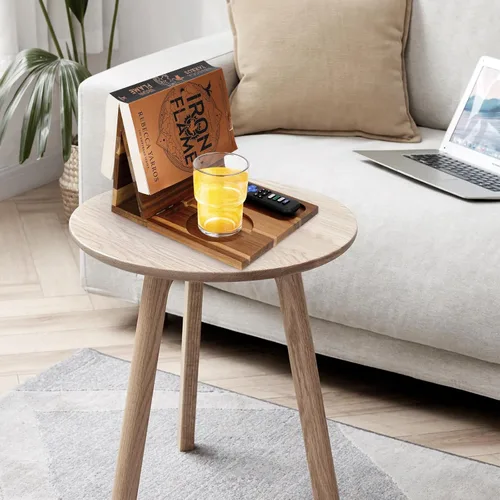 Vista 7 de Soporte de Libros de Madera para Descanso de Lectura, Soporte Triangular de Libros de Acacia con Portavasos, Gafas, Bolígrafo y Soporte