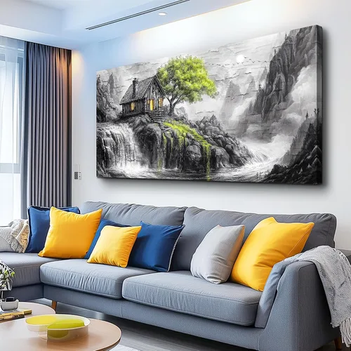 Vista 12 de ERQINHUA Arte de pared para sala de estar, lienzo decorativo de pared para dormitorio, oficina, decoración con árbol azul, paisaje junto al lago