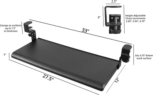 Vista 5 de Stand Up Desk Store - Bandeja ajustable y retráctil para teclado, con abrazadera compacta, debajo del escritorio, optimización de espacio, 25 x 11.5