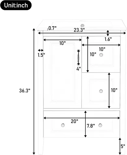Vista 2 de Harper & Bright Designs Tocador de baño de 24 pulgadas con lavabo, tocador de lavabo individual independiente con una puerta y 3 cajones de cierre