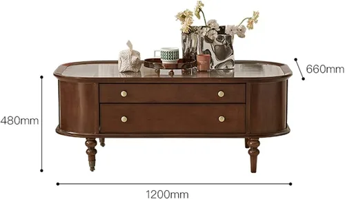 Vista 3 de Mesa auxiliar para sala de estar, mesa auxiliar de madera retro con parte superior de cristal temporal, mesa central rectangular con 2 cajones