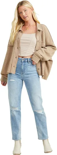 Vista 5 de ALTAR'D STATE Jeans de talle alto para mujer, mezclilla rasgada con cierre de cremallera, azul y negro