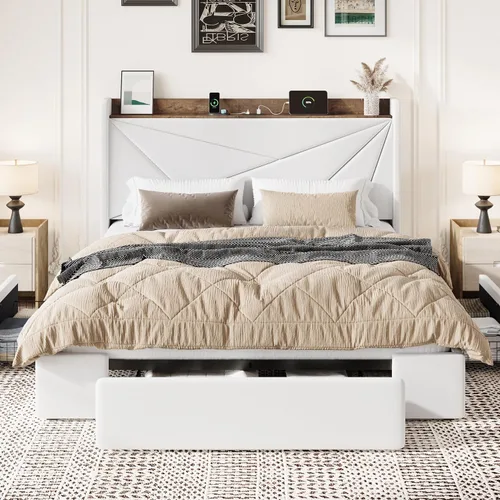 Vista 3 de SHA CERLIN Base de cama Queen con 3 cajones, puertos de carga USB y Type-C, cama de plataforma tapizada de terciopelo con cabecera de almacenamiento