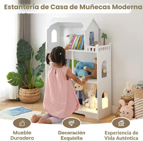 Vista 2 de Estantería de Casa de Muñecas de Madera - Estantería de Casa de Muñecas para Niños Pequeños, Espacio Extra para Almacenamiento de Juguetes y Libros
