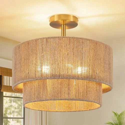 Vista 10 de 12.6" Boho Light Fixtures Ceiling Mount, Coastal Hemp Rope Semi Flush Mount Ceiling Light,3-Light Rustic Rattan Ceiling Light With 2-Tier Drum Shade