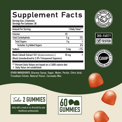 Vista 6 de Gomitas de cohosh negro para alivio de la menopausia, sofocos y sudores nocturnos, 50 mg de raíz de cohosh negro para mujeres, sin gluten