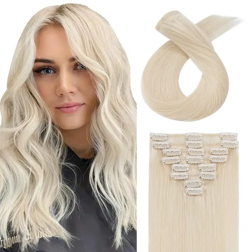 Vista 10 de Extensiones de cabello con clip, cabello humano Remy, extensiones de cabello largo lacio de una pieza con 5 clips, con gancho para colgar