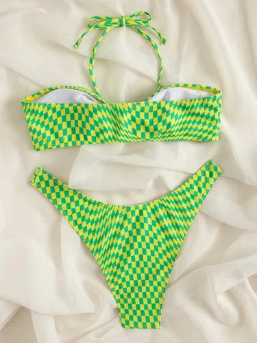 Vista 2 de MakeMeChic Conjunto de bikini de 2 piezas a cuadros con tanga de corte alto para mujer