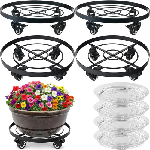 Vista 16 de Paquete de 3 posavasos de metal para plantas de 10.6 pulgadas, con ruedas, soporte rodante resistente para plantas con ruedas para interiores y Negro