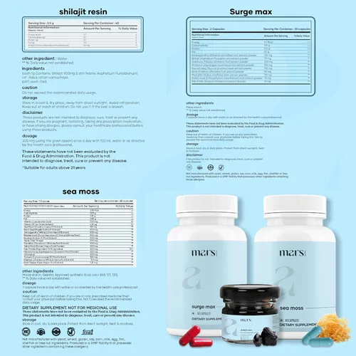 Vista 5 de mars by GHC Performance Plus Combo: Tapas Surge Max, Resina Shilajit pura del Himalaya, Shilajit natural con tapas de semillas negras y tapas