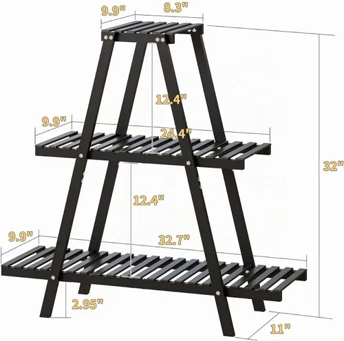 Vista 2 de Soporte de bambú para plantas interior/exterior, 3 niveles, negro, rectangular, 8 macetas para flores, estante para plantas