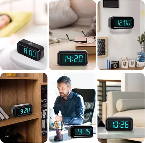 Vista 6 de Reloj despertador digital, funciona con pilas, con pantalla LED para dormitorios, larga duración de batería, brillo ajustable en 3 niveles, 12/24