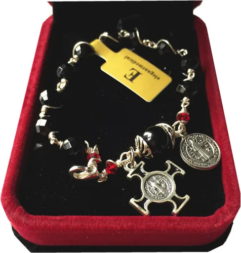 Vista 6 de elegantmedical Pulsera hecha a mano con cuentas de oración de ágata negra, rosario, cruz, católica, Metal