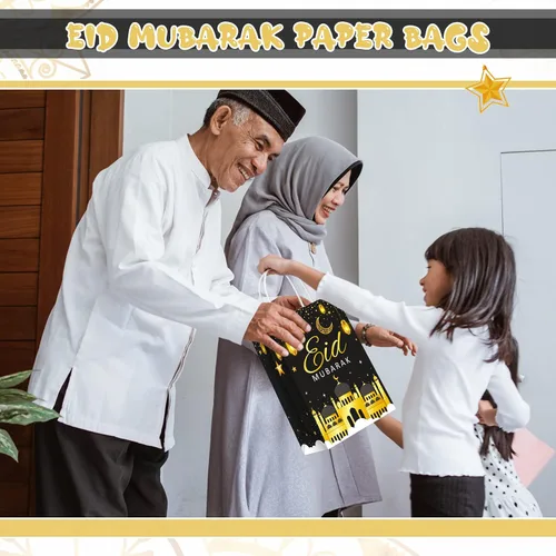 Vista 4 de Censen 16 juegos de bolsas de regalo de Eid Mubarak con papel de seda, bolsas de golosinas de Ramadán para suministros de fiesta de Ramadán (negro)