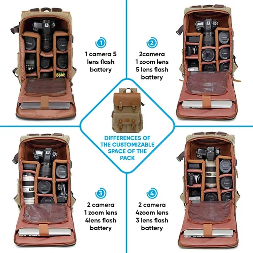 Vista 3 de JAEP Mochila para cámara - Tela de memoria encerada resistente al clima de 16 onzas – Mochilas para DSLR SLR con compartimento para portátil de Caqui