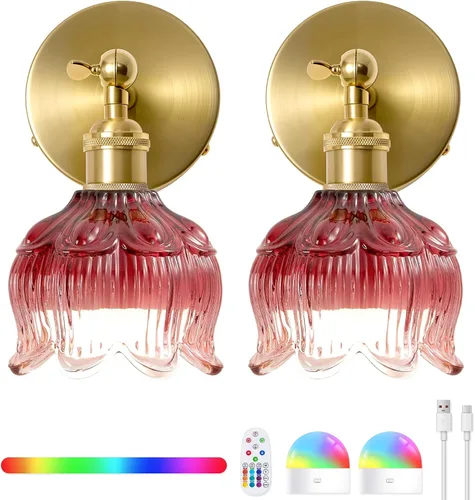 Vista 11 de Vintage Battery Operated Wall Sconces - 5000mAh Rechargeable Dimmable Wireless Lights with Remote Control - Set of 2 Green Flower Glass Powered