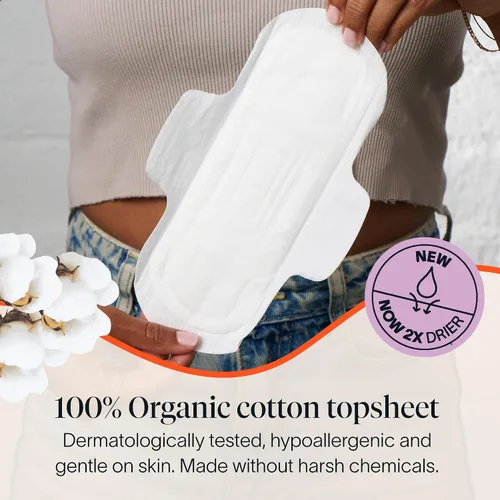 Vista 2 de Cora - Toallas sanitarias de algodón orgánico, absorbencia regular, ultra delgadas, con alas, sin perfume, cómodas, poderosamente absorbentes