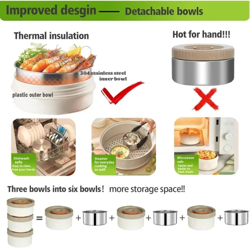 Vista 6 de Termo de 67 oz/2L para comida caliente, termo de sopa aislado al vacío de acero inoxidable 304, lonchera térmica a prueba de fugas con 3 cajas Bento