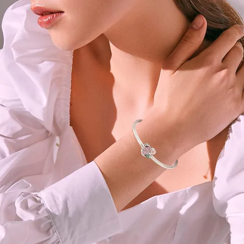 Vista 2 de NINGAN Snake Chain Bracelet for Pandora Charms 925 Sterling Silver Signature Bracelet with Round Clasp Charm Clear, Happy Birthday Gift for Women