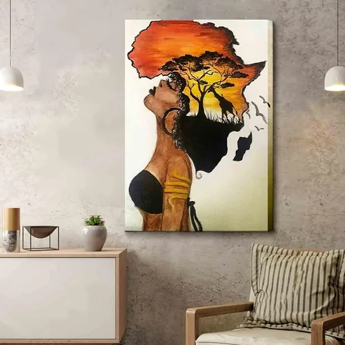 Vista 3 de Arte de pared enmarcado afroamericano, póster de mujer africana nostálgica, pintura en lienzo, niña negra, abstracto, puesta de sol, paisaje