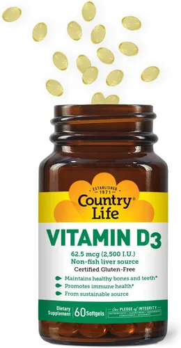 Vista 7 de Country Life Vitamina D3 2500 I.U. Sin gluten, 60 cápsulas blandas