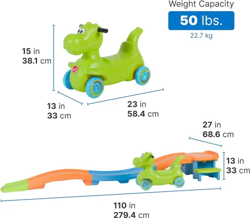 Vista 2 de Step2 Dino Dash Up & Down Roller Coaster para niños, vehículo de juguete para empujar, juego de interior/exterior, hecho de plástico duradero