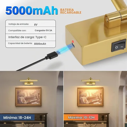 Vista 7 de DESOOP Luces de imagen para pared, funciona con pilas, iluminación artística de latón inalámbrica para pinturas, luces recargables de galería