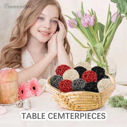 Vista 5 de Framendino, Paquete de 24 bolas de mimbre de 2 pulgadas para decoración de mesa del hogar, negro, gris, rojo, blanco