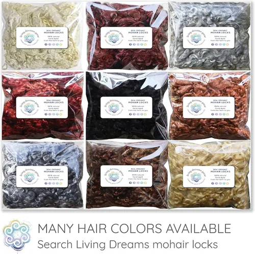 Vista 4 de Cierres de mohair reales. Fibra de lana teñida a mano orgánica para cabello y pelucas de muñeca, fieltro, mezcla, hilado, tapices y adornos. Henna