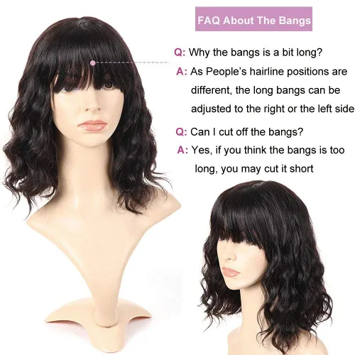 Vista 10 de PANEWAY Pelucas de cabello humano corto con flequillo, pelucas de cabello humano virgen brasileño ondulado para mujeres negras y blancas, pelucas