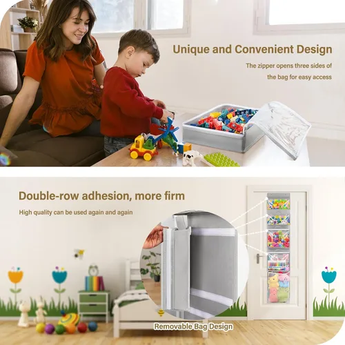 Vista 4 de Woodoulogy Almacenamiento de juguetes colgantes sobre la puerta, organizador de animales de peluche en bloques con 4 bolsas de estuche extraíbles