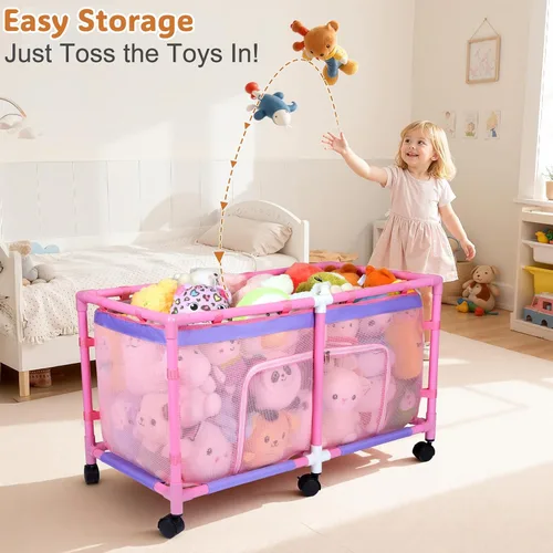 Vista 2 de FIOBEE Caja de juguetes para niñas y niños con malla transparente y ruedas giratorias de 360°, organizador de pecho de juguetes, fácil de instalar
