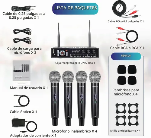 Vista 7 de Pro - Sistema de micrófono inalámbrico de 4 canales recargable y preefector, micrófonos inalámbricos de mano de metal UHF con pantalla LCD, corte