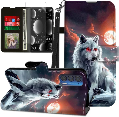 Vista 95 de Funda para Motorola Edge 2022 con protector de pantalla, soporte y tarjetero y correa para la muñeca, funda magnética para Moto Edge 2022 5G UW Lobo