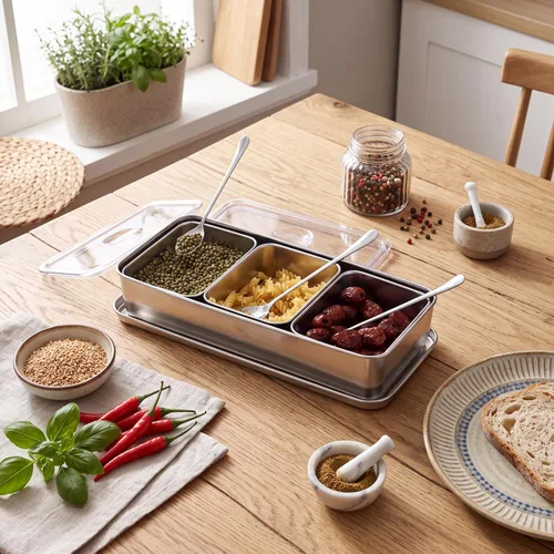Vista 7 de Servidor de condimentos, tarro de condimentos de acero inoxidable de grado alimenticio de 21 onzas con cuchara y tapa, 3 compartimentos extraíbles