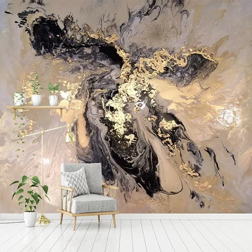 Vista 2 de Mural de pared grande geométrico dorado, salpicado de tinta negro y dorado salpicado con tinta, mural de vinilo autoadhesivo, decoración moderna