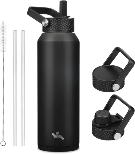 Vista 9 de Konokyo - Botella de agua aislada de 18 onzas, botellas deportivas de acero inoxidable con 3 tapas, verde militar