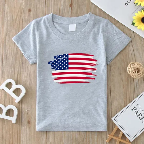 Vista 4 de Ropa de niño para niños pequeños, bebés, niños, verano, manga corta, Día de la Independencia, camiseta para bebé niño 4 de julio (gris, 5 años)
