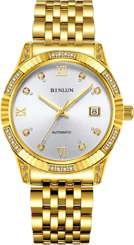 Vista 21 de BINLUN Reloj de pulsera para hombre, mecánico automático, reloj dorado con cuerda automática, elegante, chapado en oro de 18 quilates, relojes