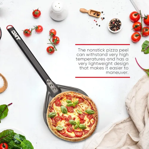Vista 6 de TKC Pela de pizza perforada de 8 pulgadas – Pela profesional de aluminio para pizza – Espátula de pizza de metal de mango largo para interiores