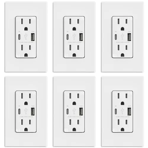 Vista 53 de ELEGRP Cargador USB de pared, receptáculo USB con puertos USB tipo A y tipo C, enchufe dúplex de 15 amperios resistente a manipulaciones NEMA 5-15R