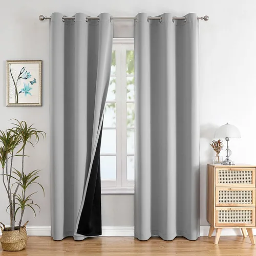 Vista 82 de ChrisDowa Cortinas 100% opacas de 63 pulgadas de largo para dormitorio con forro negro, 2 capas gruesas totalmente opacas con aislamiento térmico
