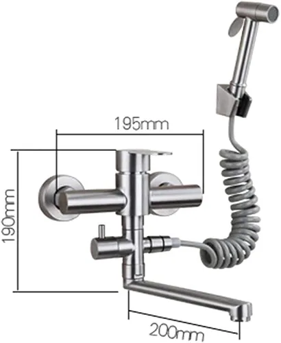 Vista 5 de Grifo de montaje en pared con pistola pulverizadora, fregadero de cocina, acero inoxidable cepillado, válvula de mezcla de agua caliente y fría