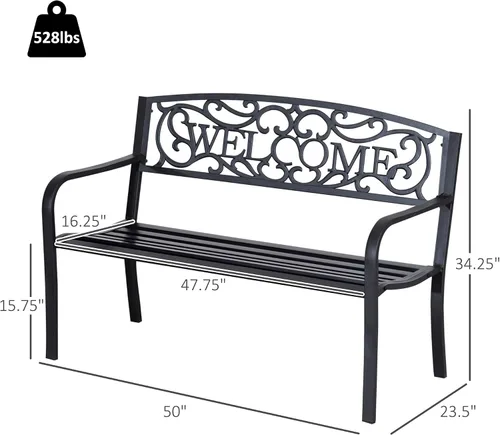Vista 3 de Outsunny Banco de bienvenida de metal para exteriores de 50 pulgadas, banco de jardín con asiento de listones, banco de patio para parque, porche