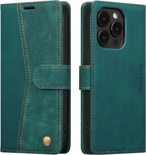 Vista 11 de QLTYPRI Funda para iPhone 13, funda de piel sintética con cierre magnético, soporte para tarjetas, función atril, a prueba de golpes, funda Azul