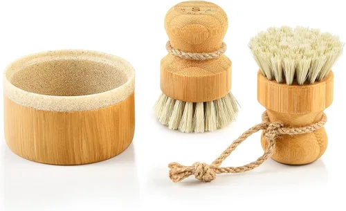 Vista 7 de SUBEKYU - Juego de cepillos de bambú para platos de cocina, juego de estropajos de limpieza de madera para lavar sartenes/ollas de hierro fundido