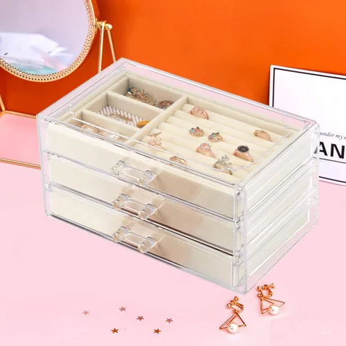 Vista 5 de Weiai Joyero acrílico con 3 cajones organizador de joyas de terciopelo aretes anillos collares pulseras vitrina regalo para mujeres niñas beige