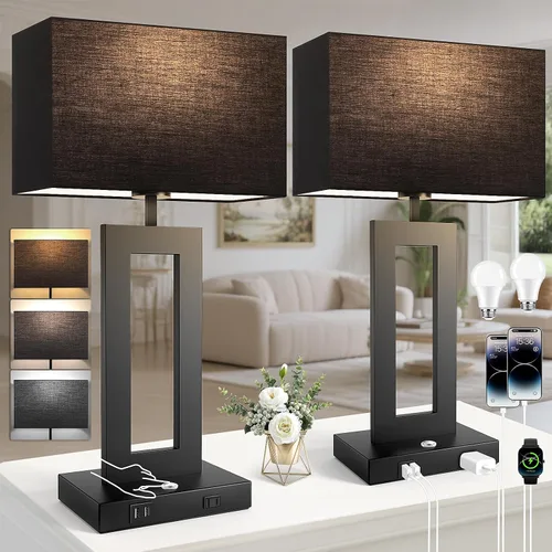 Vista 17 de Kondras Juego de 2 lámparas de mesa para dormitorios, 3 temperaturas de color, control táctil, lámparas de noche con 2 puertos USB y salida de CA